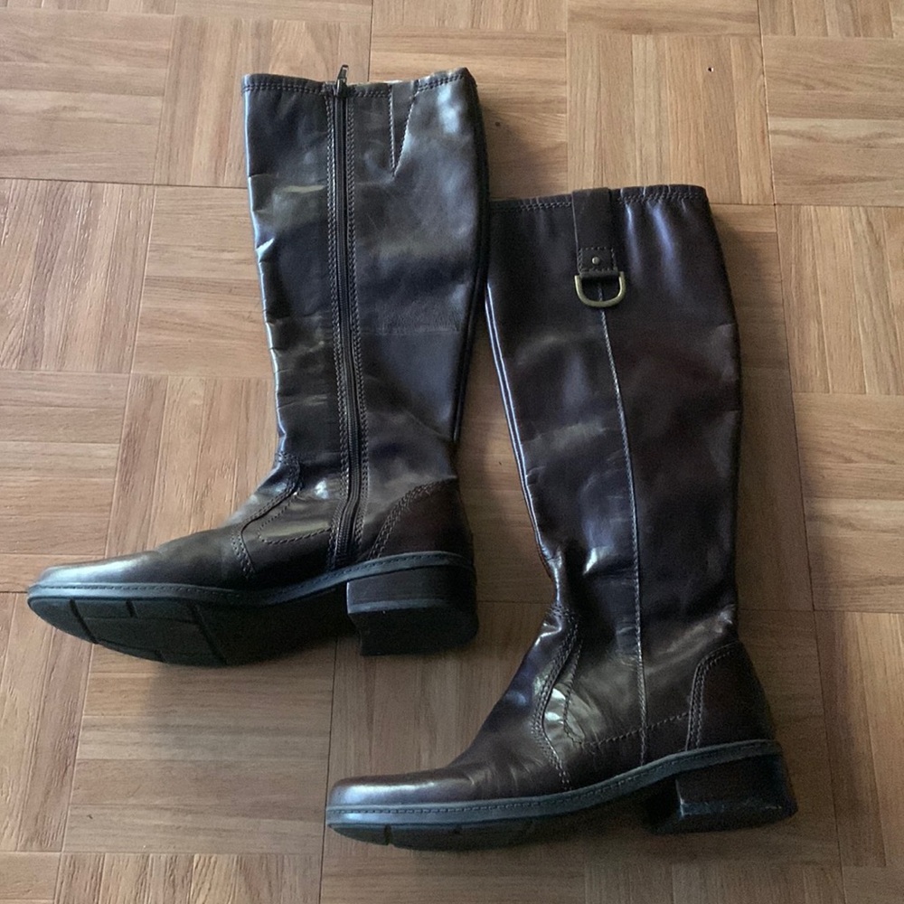 Bandolino Cale Black Brown Leather Side Zip Brown Heel Riding Tall Boots 7.5